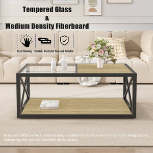 Modern Coffee Table with Tempered Glass and Natural Wood MDF Top