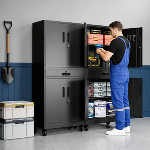 Metal Storage Cabinet with Drawer, Locking Doors, and Rolling Wheels