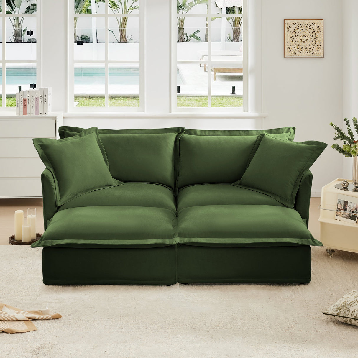 Slipcovered Sofa 2 Seater Sofa with 2 Ottomans