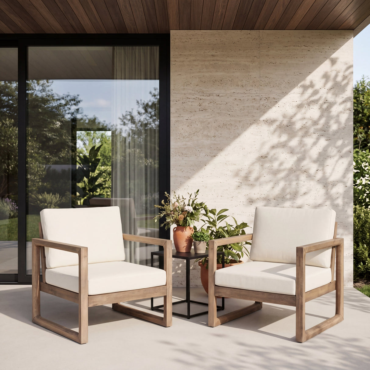 Set of 2 Outdoor Acacia Wood Patio Club Chair