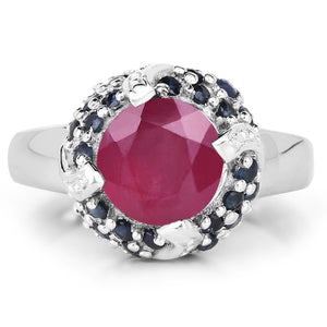 3.70 Carat Glass Filled Ruby and Blue Sapphire .925 Sterling Silver Ring