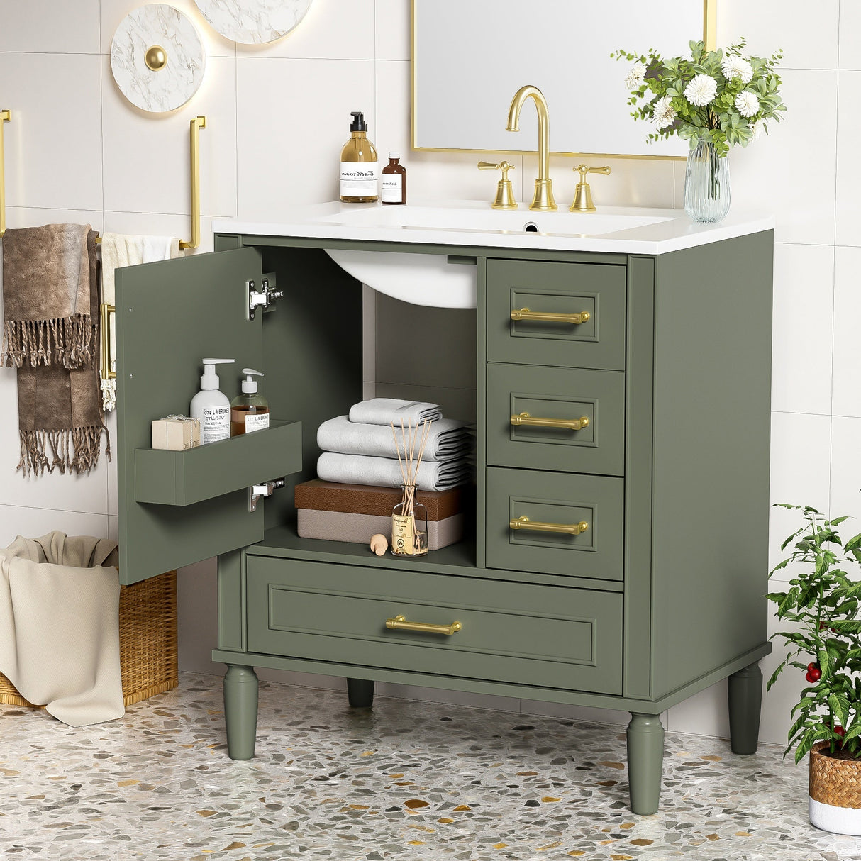 Elegant Olive Green 30' Bathroom Vanity with Ceramic Sink and Ample Storage, Solid Wood and MDF Construction