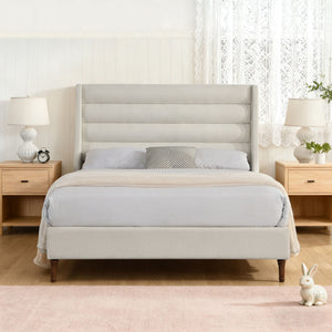 Modern Upholstered Platform Bed With Wave Shaped Headboard