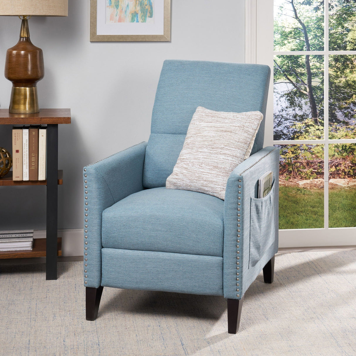 Repose Upholstered Recliner Chair with Nailhead Trim and Side Pocket - Light Blue