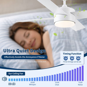Ceiling Fan With Remote Control, Reversible DC Motor, 6 Speeds, 3 Dimmable LED, Quiet Timer For Indoor - White