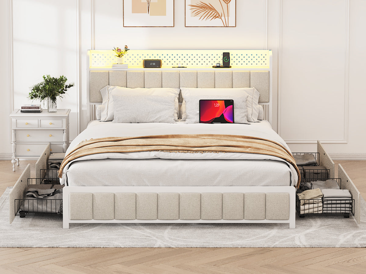 Queen-Size-Platform-Bed-with-4-Drawers,-Metal-Bed-Frame-with-LED-Lights-and-Charging-Station,-No-Box-Spring-Needed,-(Beige),--Noise-Free,Easy-Assemble.-Beds-&-Bed-Frames
