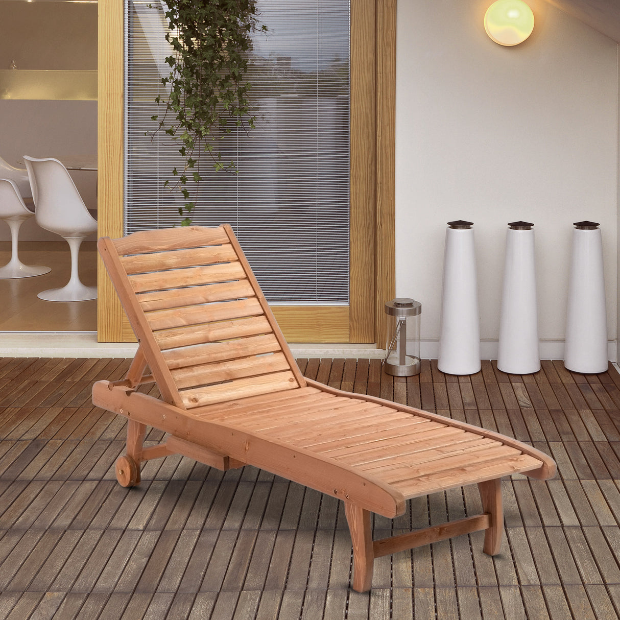 Outsunny outdoor chaise lounge pool chair, built-in table, reclining backrest for sun tanning/sunbathing, rolling wheels, red wood look
