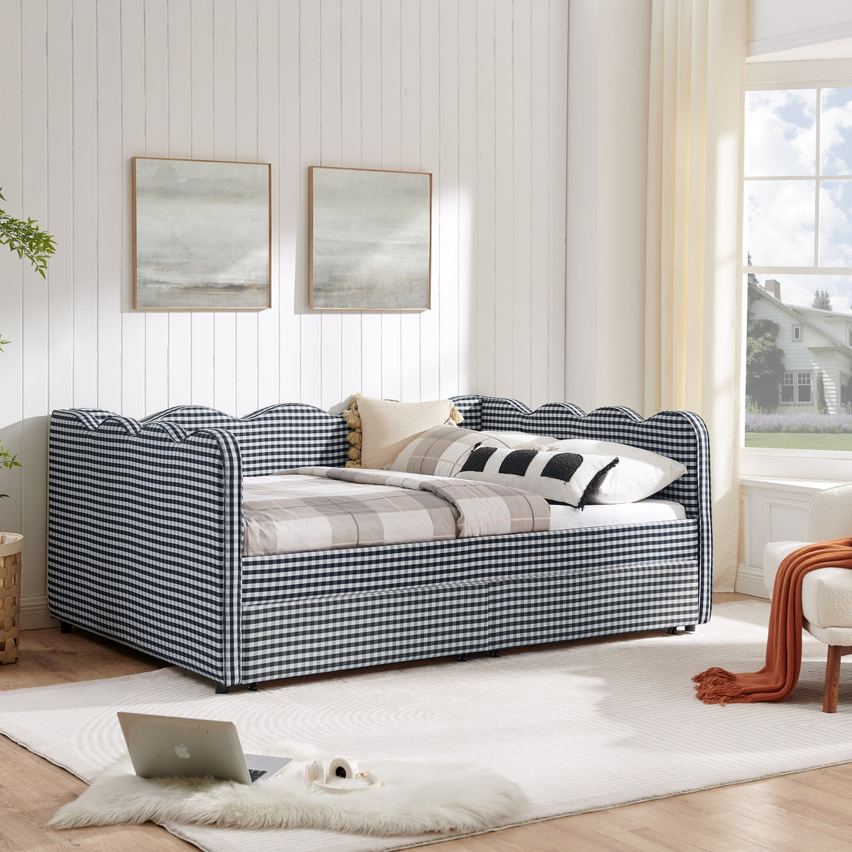 Full Size Cozy Gingham Daybed with Two Storage Drawers, with USB Port and Adorable Wave Shaped, Linen Fabric