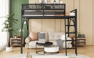 Full Size Loft Bed with Ladder and Storage Shelves