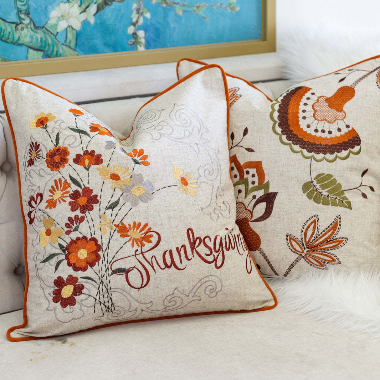 Thanksgiving Embroidered Floral Throw Pillow – Autumn Harvest Accent Cushion Set of 2