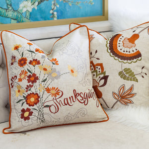 Thanksgiving Embroidered Floral Throw Pillow – Autumn Harvest Accent Cushion Set of 2