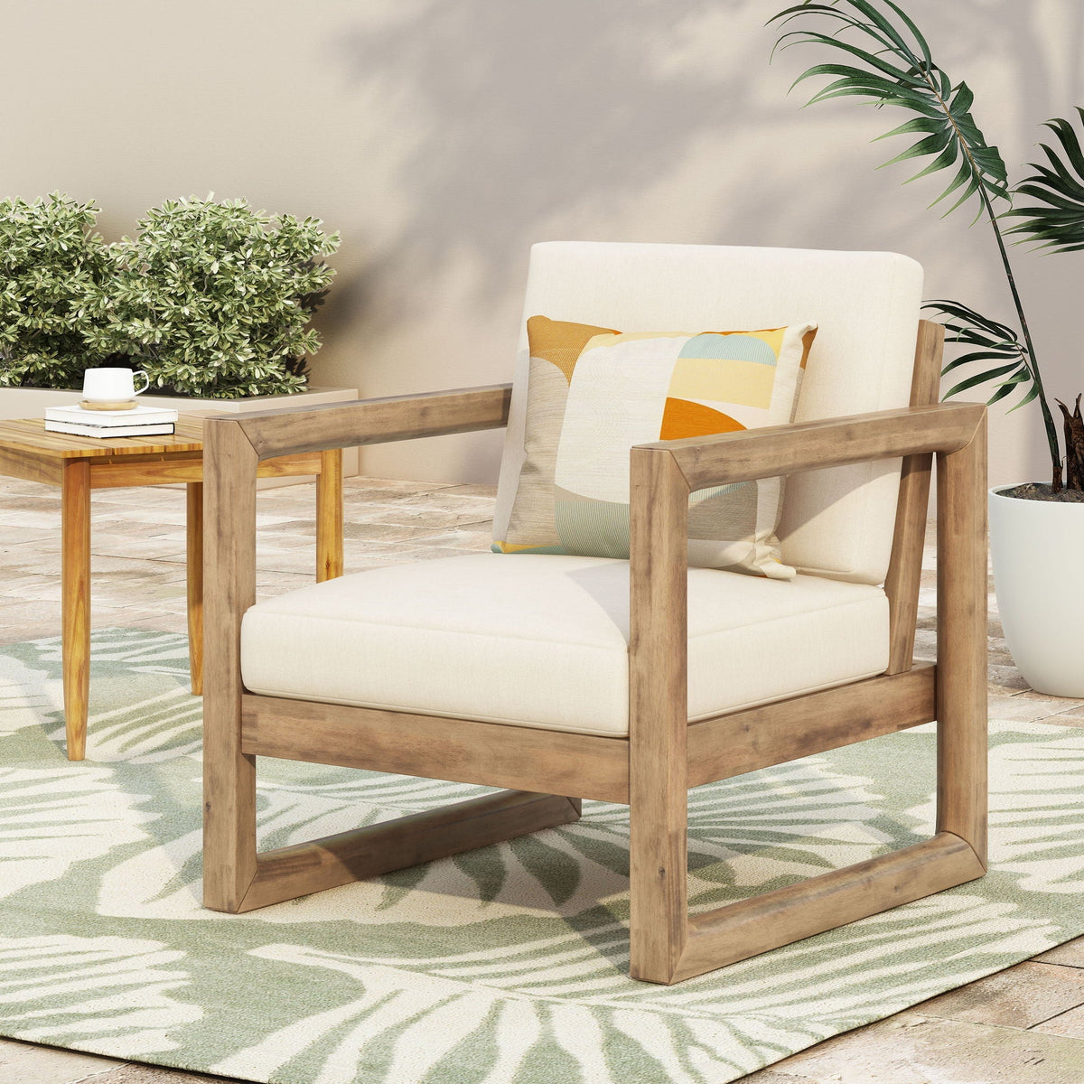Outdoor Acacia Wood Patio Club Chair, Wood Patio Furniture, Waterproof Thick Cushion Deep Seating For Porch - Brown Wash / Beige