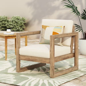 Outdoor Acacia Wood Patio Club Chair, Wood Patio Furniture, Waterproof Thick Cushion Deep Seating For Porch - Brown Wash / Beige