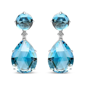 18K White Gold 1/5 Cttw Diamond with Round London Blue Topaz and 20 x 15mm Pear Cut Sky Blue Topaz Gemstone Dangle Earring (G-H Color, SI1-SI2 Clarity)