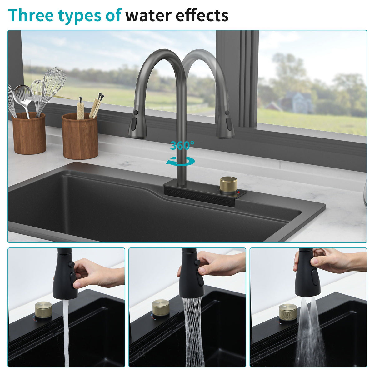 Waterfall Kitchen Sink With Pull Out Faucet & Cup Washer