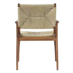 5-Piece Outdoor Dining Set: Teak Finish Round Acacia Wood Table & 4 Teak Finish Wicker Armchairs