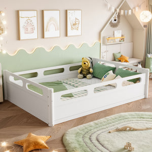 Full Size Floor Platform Bed with Full-length Guardrails