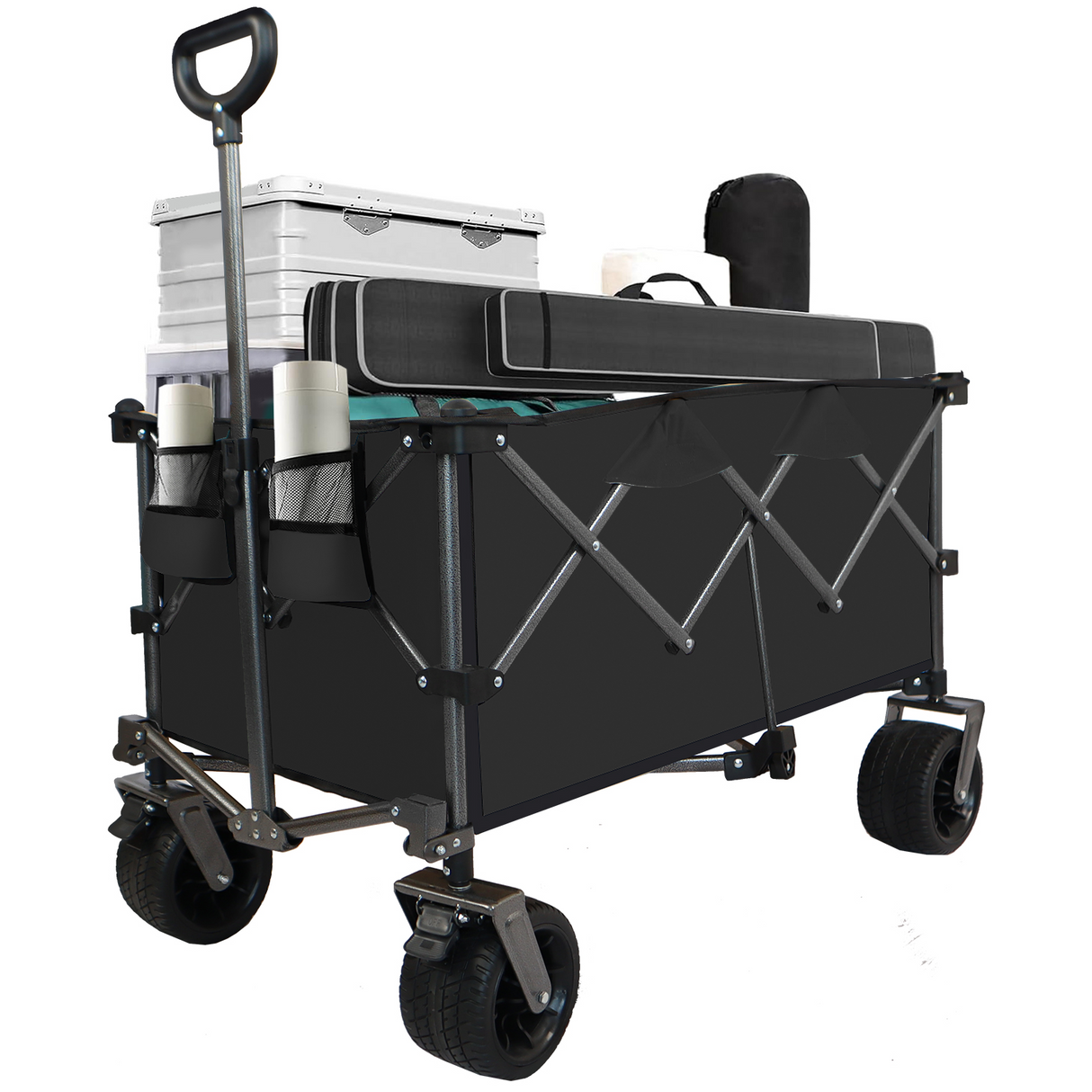 Collapsible folding wagon, push pull foldable beach wagon cart