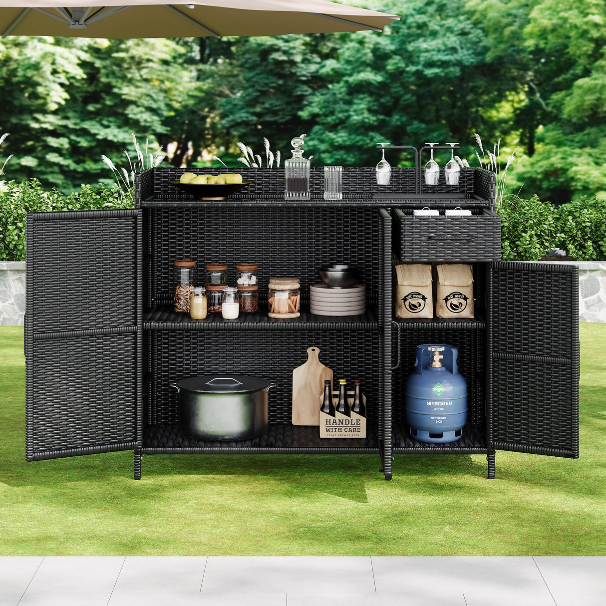 K&K 47.5"W Wicker Outdoor Storage Cabinet with Tempered Glass Desktop