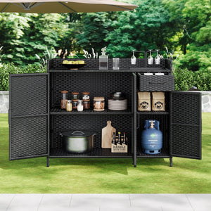 K&K 47.5"W Wicker Outdoor Storage Cabinet with Tempered Glass Desktop