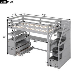 Loft Bed With Desk, Shelves, 2 Drawers, Storage Staircase