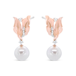 14K Rose Gold 1/6 Cttw Round Diamond and 8mm Round Pearl Floral Drop Stud Earrings (H-I Color, I1-I2 Clarity)