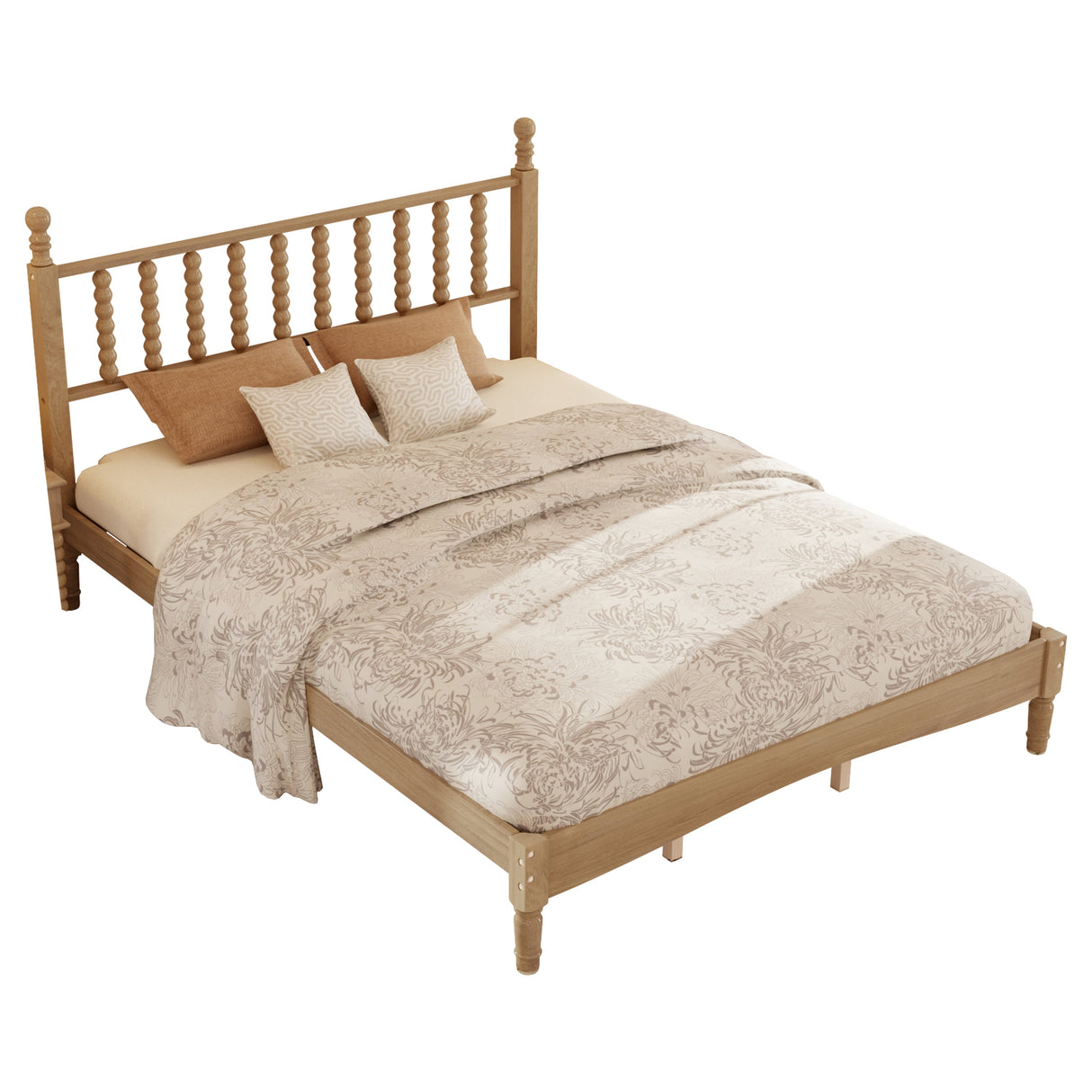 Queen Size Wood Platform Bed with Gourd Shaped Headboard