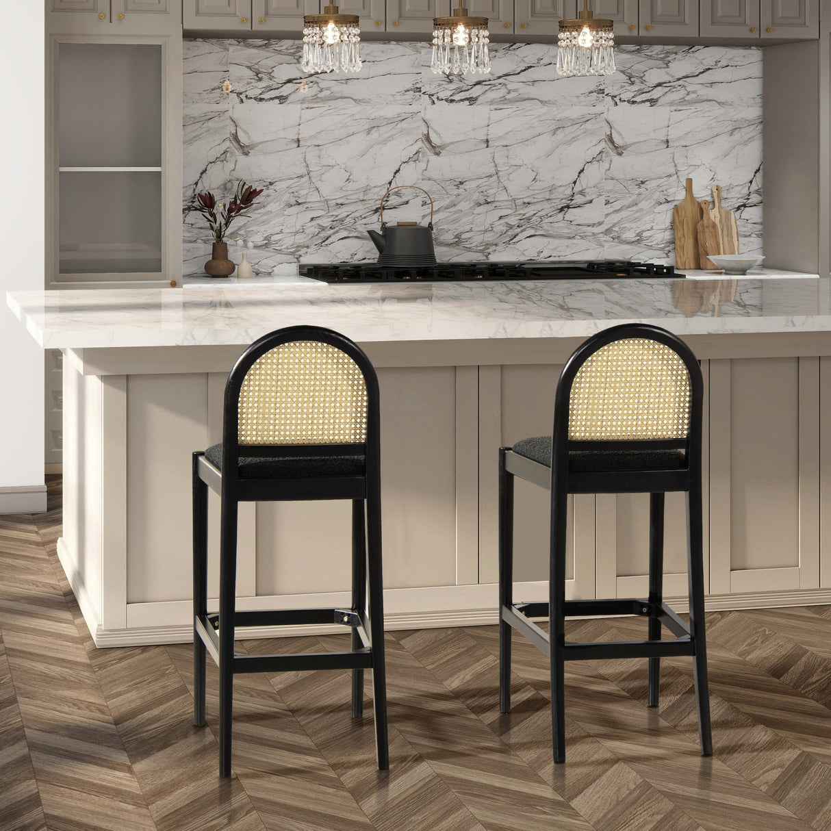 Arlin Upholstered Stool with Curved Back and Footrest, Set of 2