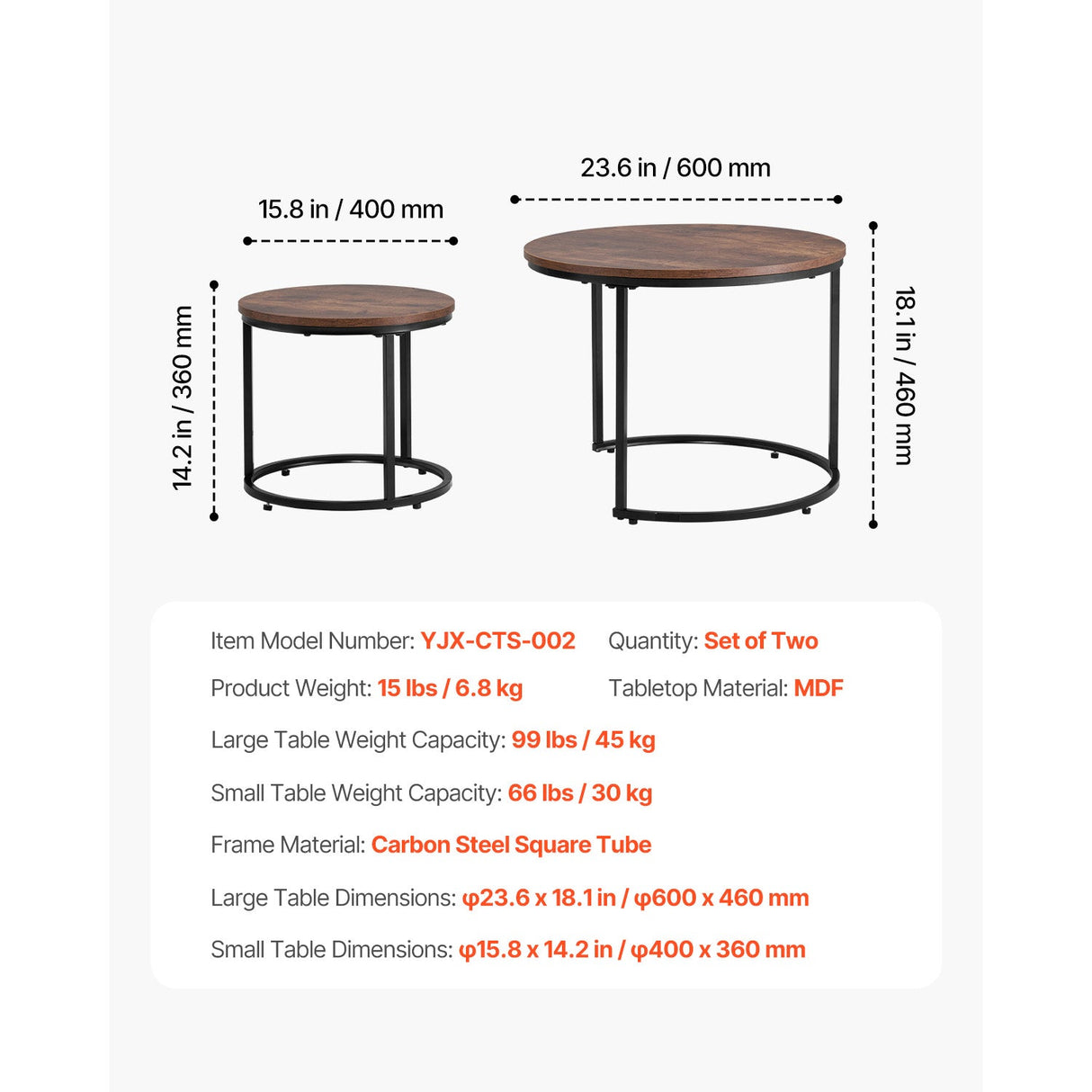 Nesting Coffee Table Set of 2, 23.6 in Round Coffee Tables