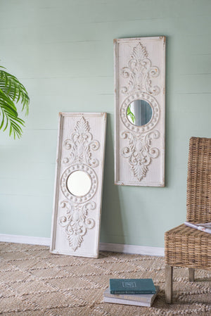 Large Wooden Wall Art Panels With Distressed Round Mirror Accents (Set of 2) - White