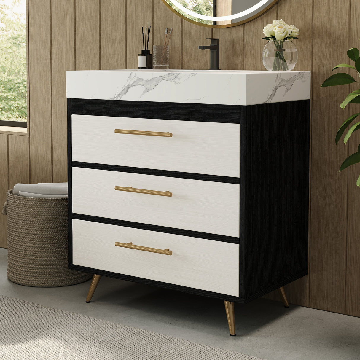 Modern Free-Standing Bathroom Vanity with Ceramic Vessel Sink & Durable Sintered Stone Top