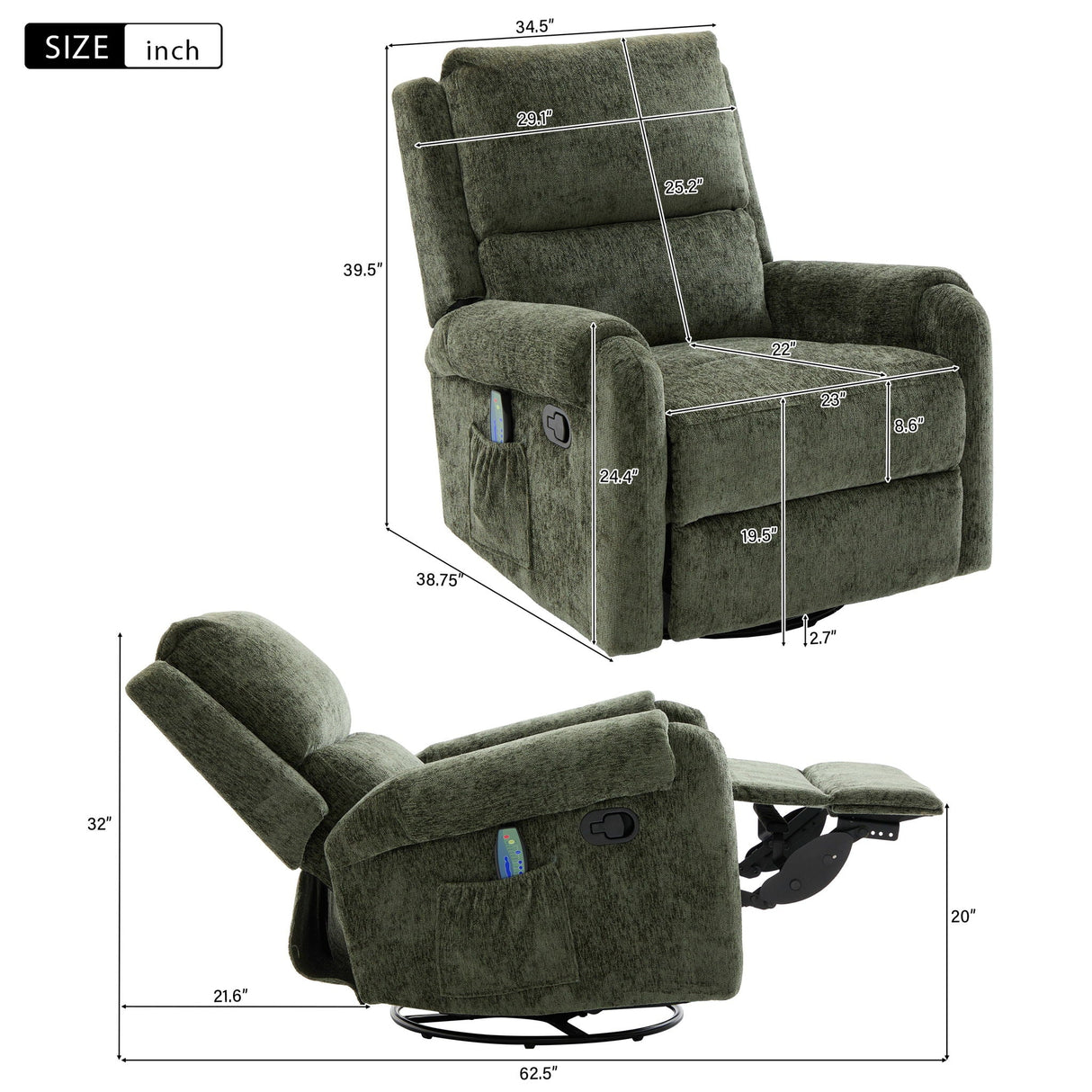 Manual Recliner Massage Chair with Swivel Rocker and 8 Massage Modes