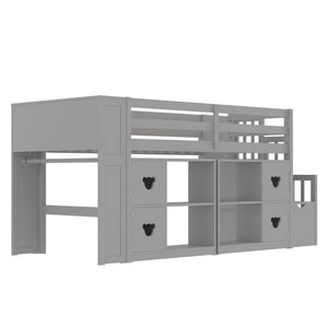 Loft Bed with Storage Cabinets, Staircase Drawers & LED Lights