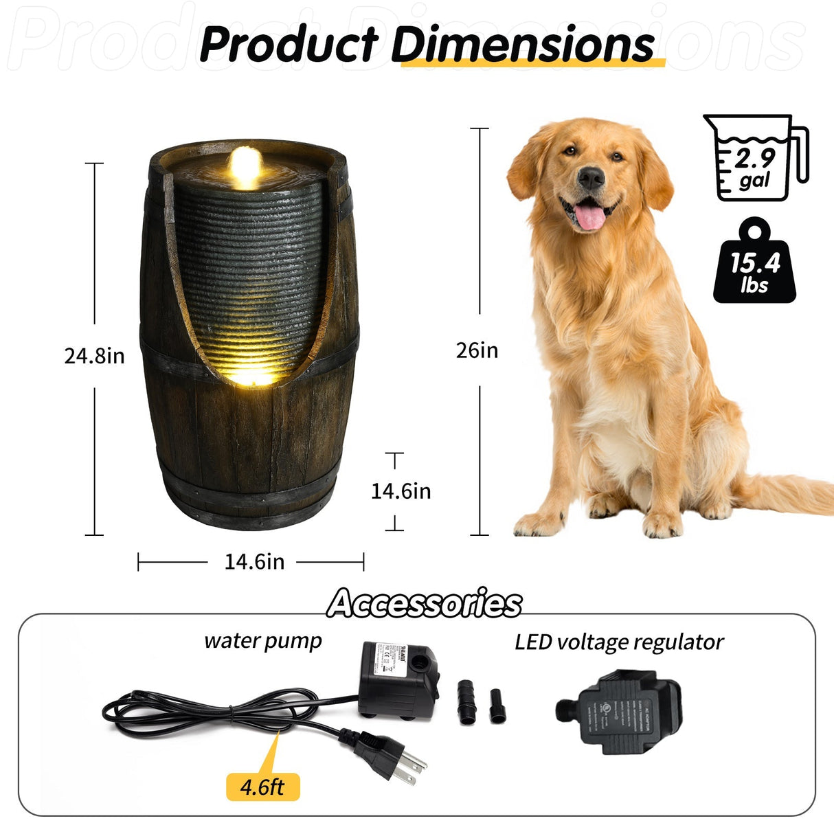 Wooden Barrel Style Outdoor Water Fountain with Lights Resin Rustic Garden Waterfall Decor for Patio Porch Yard