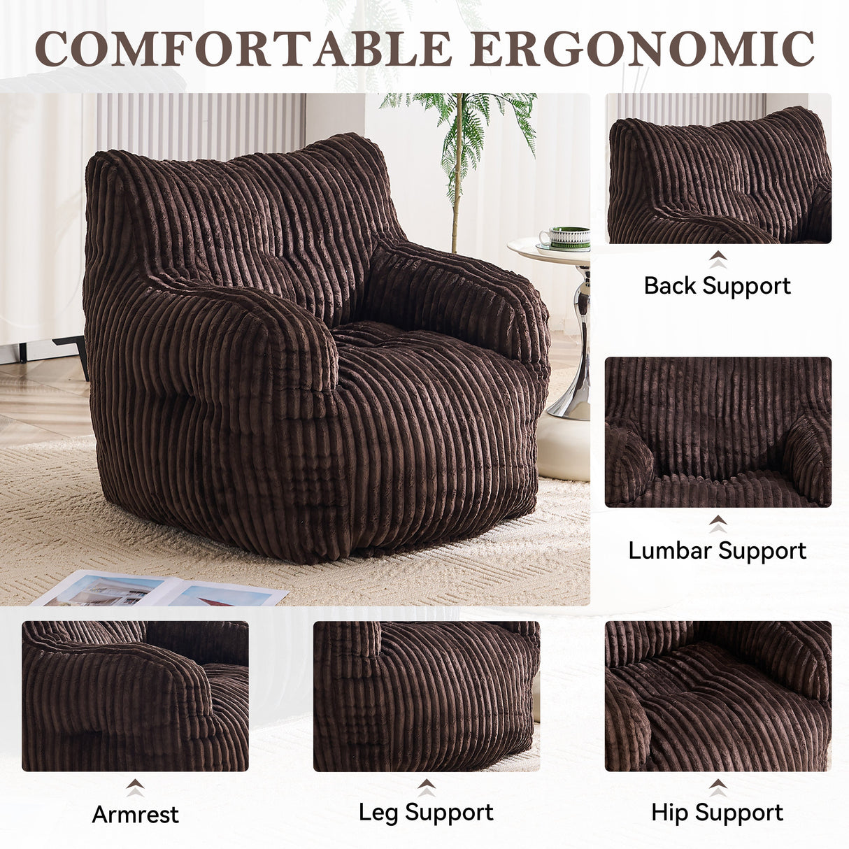 Soft Fluffy Corduroy Fabric Bean Bag Chair Filled With Memory Sponge