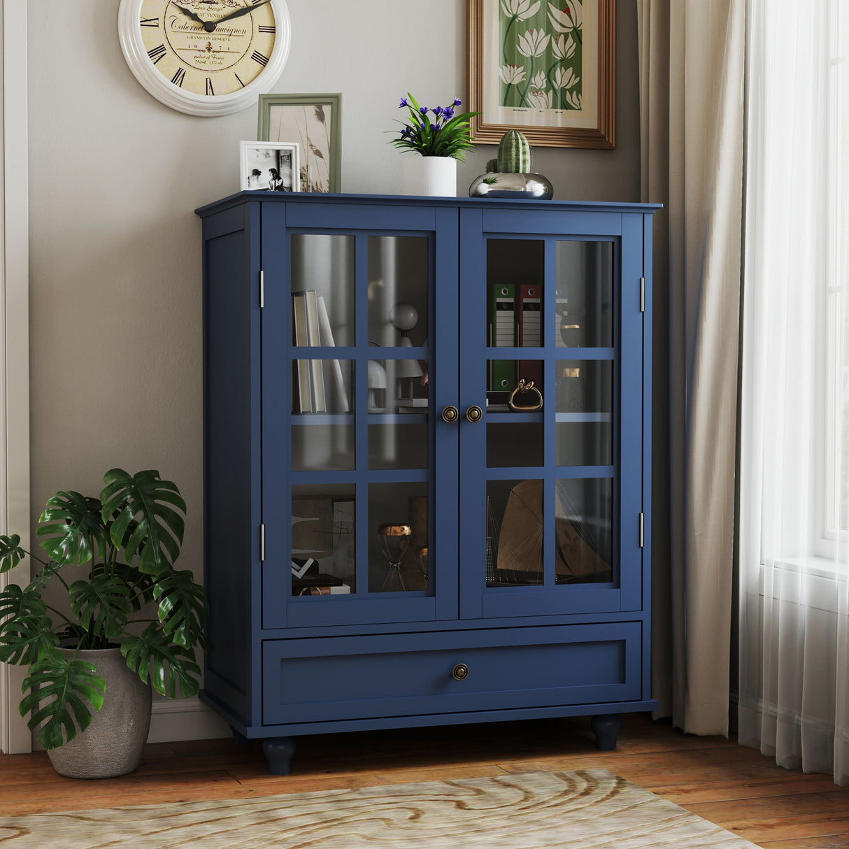 Minimalist Buffet Cabinet With Double Glass Doors And Drawer