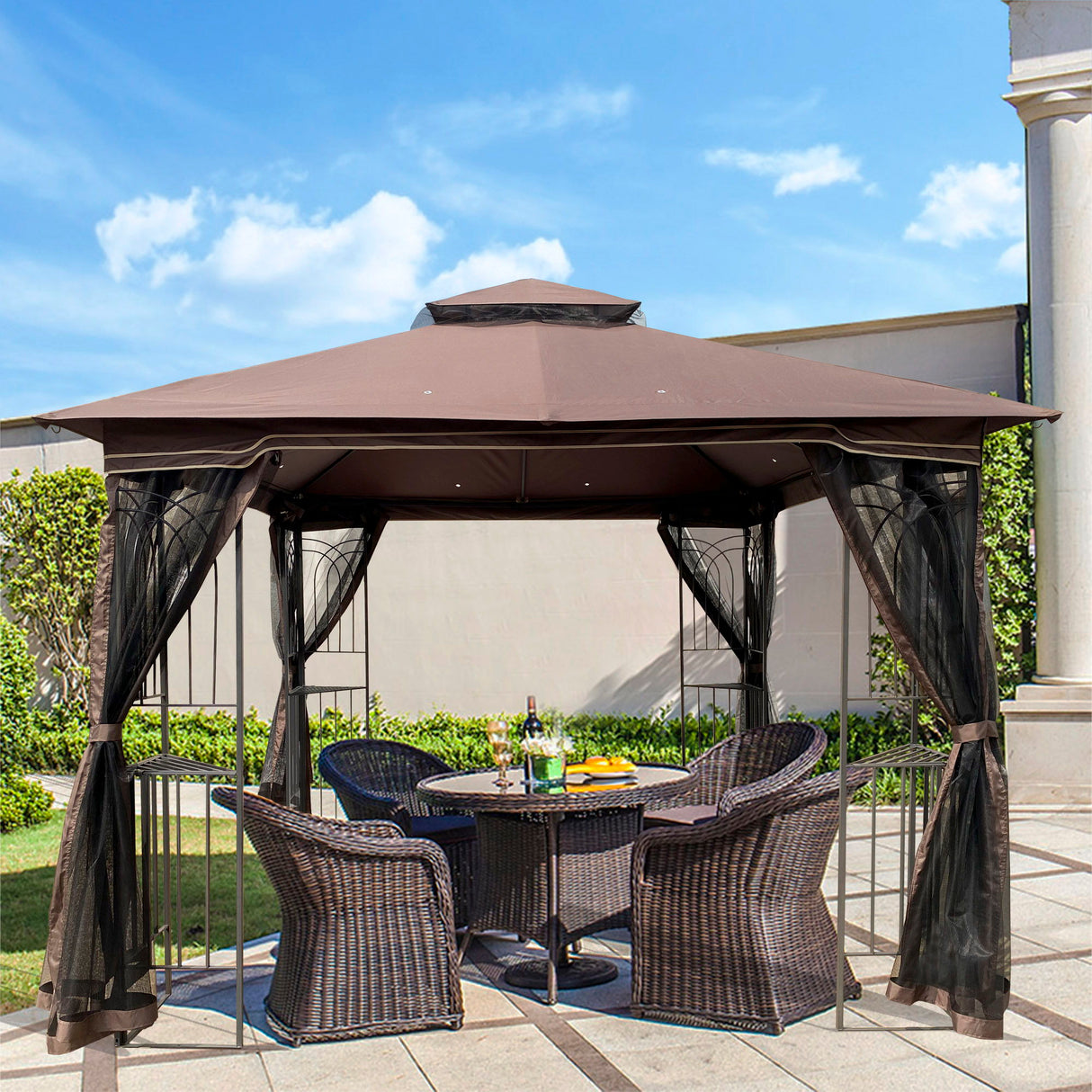 Patio Gazebo Tent With Ventilated Double Roof And Mosquito Net