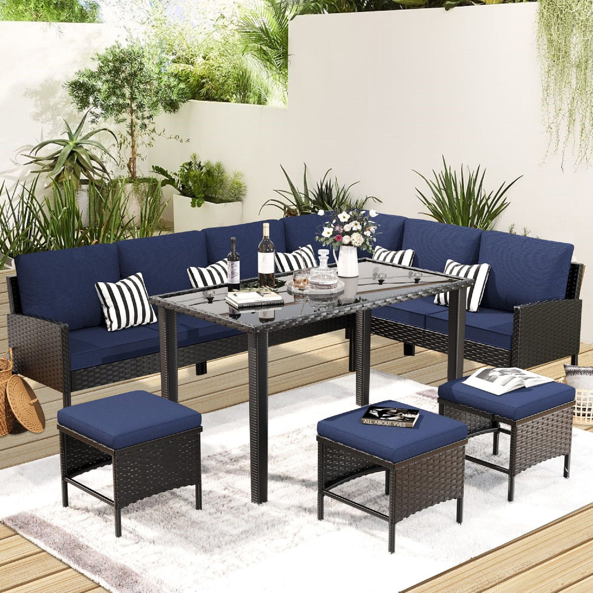 7 Piece Outdoor Furniture Set with Waterproof Cushions and Glass Table - Blue