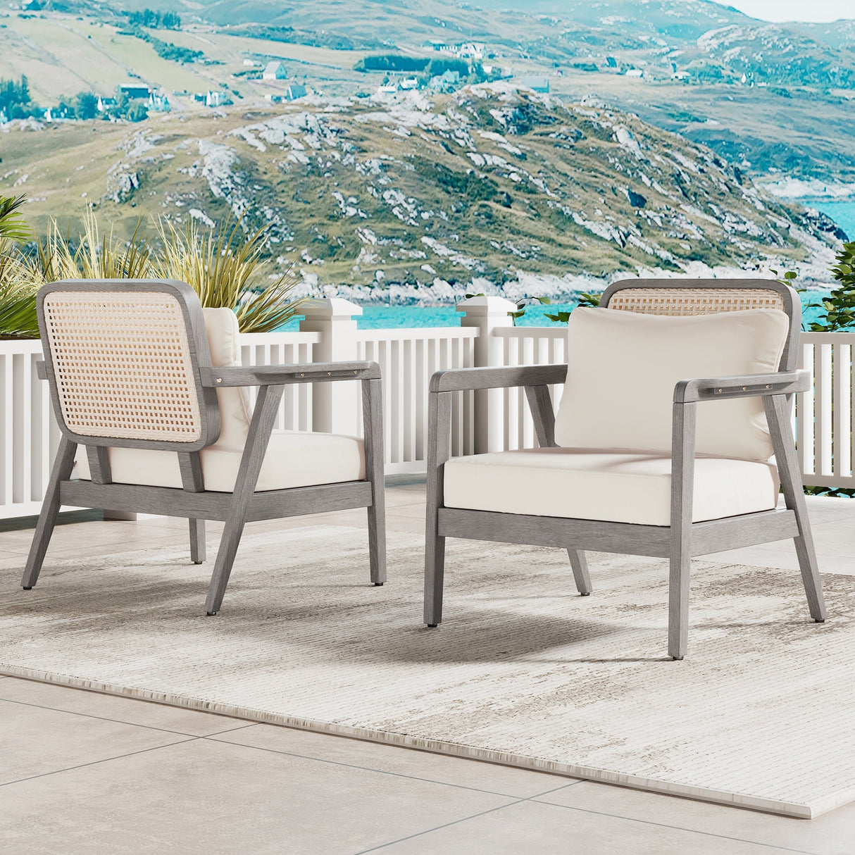 Set of 2 Outdoor Acacia Wood Patio Club Chairs with Cushions