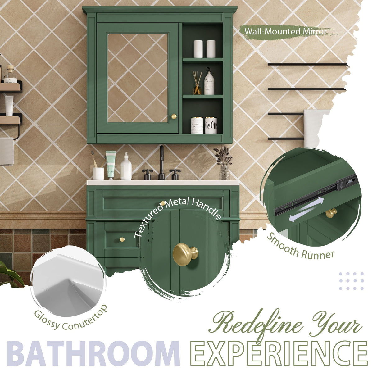 Bathroom Vanity With Medicine Cabinet, Royal Mirror Cabinet, Modern Bathroom Storage Cabinet With 2 Soft Closing Doors And 4 Drawers