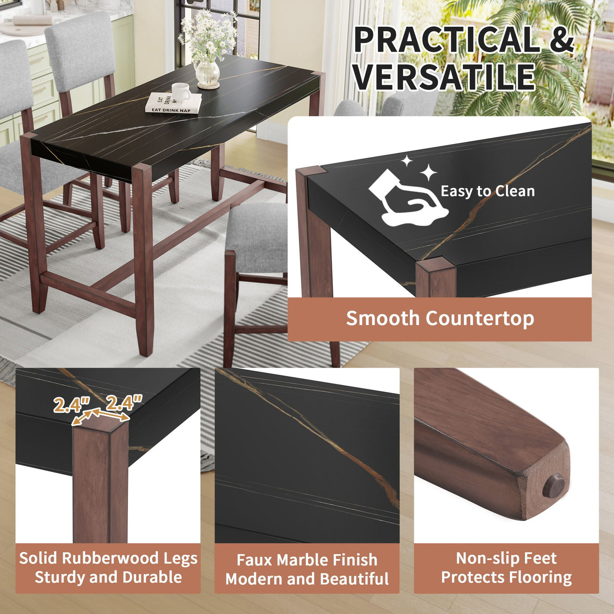 5 Piece Counter Height Dining Set, Bar Table With 4 Upholstered Chairs