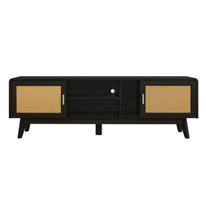 63'' Dark Rattan TV Stand with 2 Storage Cabinets and Solid Wood Legs