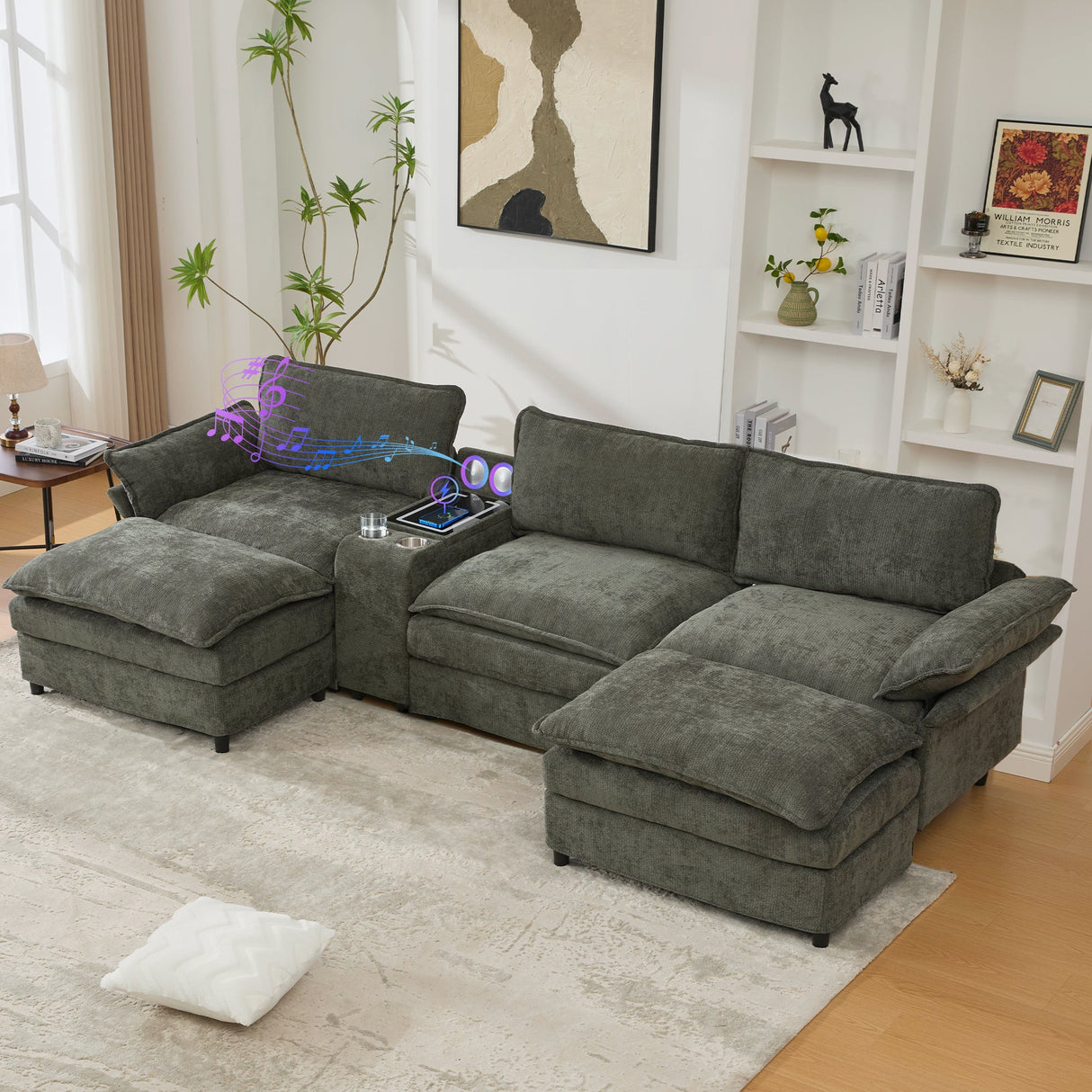 U Shaped Modular Sectional Sofa with Storage Console & Bluetooth Speakers