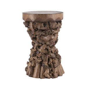 Brown Mulberry and Paulownia Wood Accent Table with Organic Tree Root Base