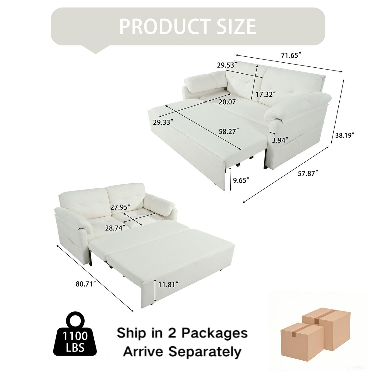 Convertible Pull Out Sofa Bed Queen Size with Side Storage - Fabric, Modern
