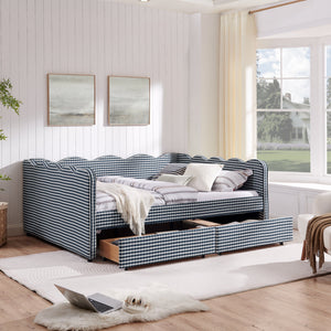 Queen Size Cozy Gingham Daybed with Two Storage Drawers and USB Port