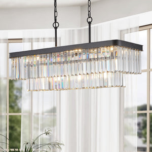 Chandeliers,Rectangular Crystal Chandelier Adjustable,E12 Modern Industrial Crystal Lights,Farmhouse Iron Ceiling Hanging Light for Kitchen Living Room Bedroom/Black(Bulb Not Included)