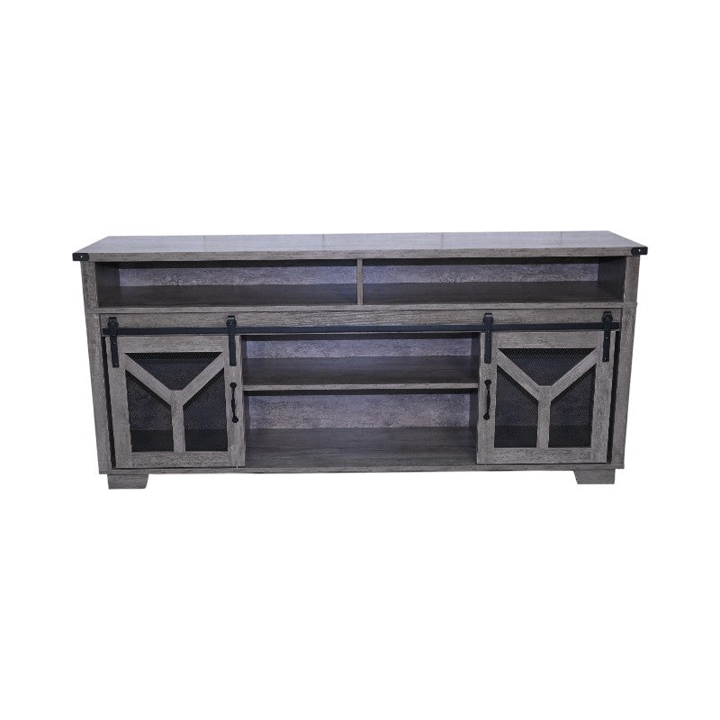 65.3" TV Stand with LED Light Strips and Iron Mesh Barn Door