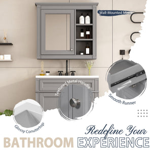 Bathroom Vanity With Top Sink, 2 Doors And 3 Drawers, Freestanding Set With Mirror Cabinet