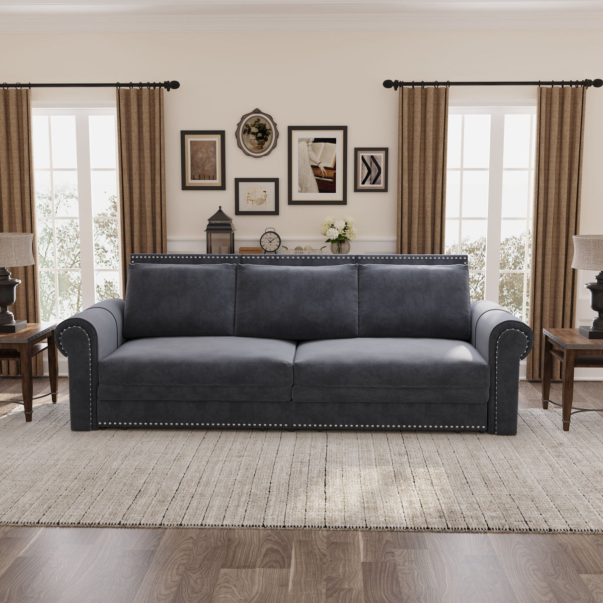 3 In 1 Convertible Sleeper Sofa With Nailhead Trim & Rolled Arm
